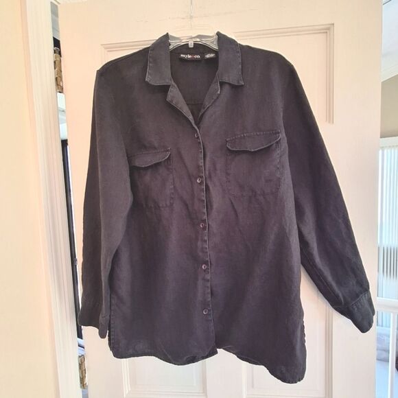 Style & Co 100% Linen Black Shirt Shacket Vintage Hong Kong Relaxed Fit size L - Picture 2 of 16